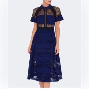 Self-Portrait Raglan Detail Midi Dress Navy Lace & Mesh US 4